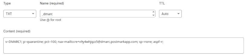 Cloudflare Dashboard showing setup of DMARC record