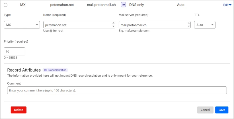 Cloudflare dashboard showing the first Proton MX record being created