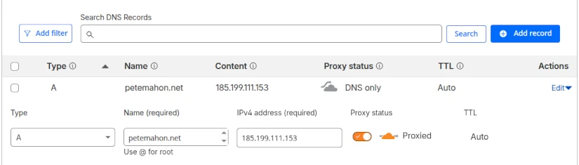 Example showing Cloudflare’s DNS editing screen with Proxy feature toggle