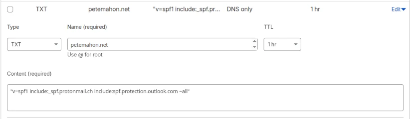 Cloudflare dashboard showing setup of SPF record