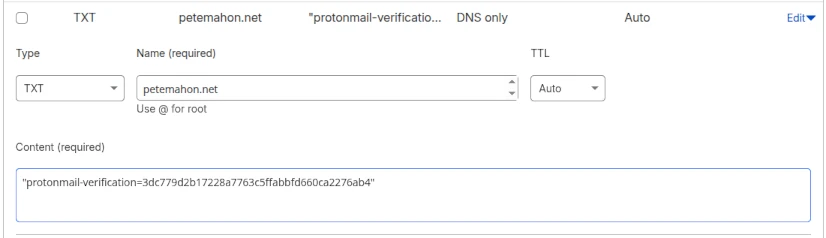 Adding the TXT verification value in Cloudflare