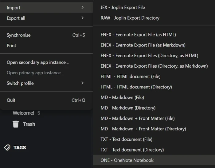 Joplin’s File menu showing Import options including ONE - OneNote Notebook