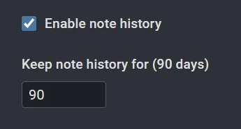 Joplin Note History settings with 90-day retention enabled