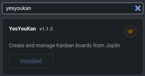 YesYouKan plugin in Joplin’s plugin search showing the crown badge for vetted plugins