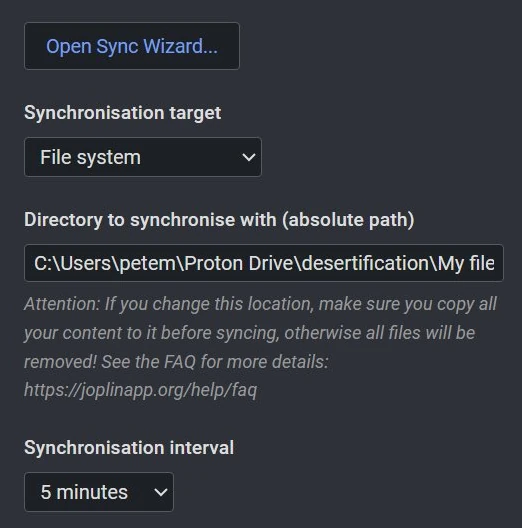 Joplin synchronisation settings showing File system target and a path inside Proton Drive
