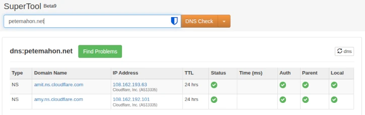 MXToolbox Supertool screengrab, showing Cloudflare nameservers for the domain petemahon.net