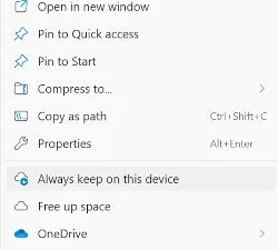 Setting “Always keep on this device” on the OneDrive folder in Windows Explorer