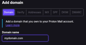 Domain workflow step 1, showing the Domain name entry field