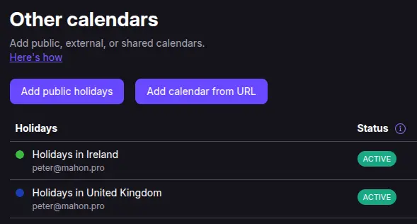 Proton calendar settings showing shared calendars and external subscriptions