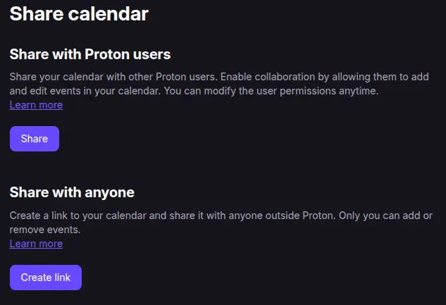Proton calendar settings showing calendar sharing options