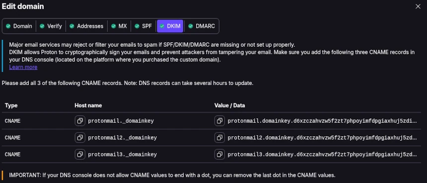 Domain Workflow Step 6, shows Proton’s required DKIM settings
