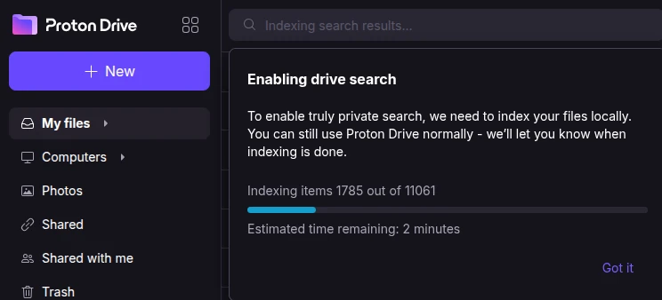Proton Drive indexing files locally in the browser