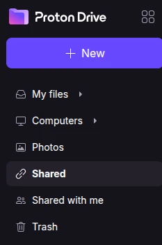 Proton Drive’s left-hand menu with Shared and Shared with me as separate entries
