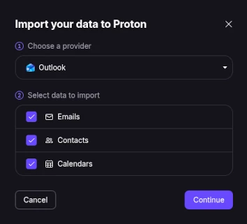 Modal popup showing initial Outlook import screen in Proton