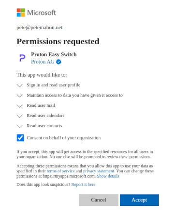 M365 Enterprise Application permissions consent screen