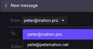 Proton compose window showing the From dropdown with both domain addresses available