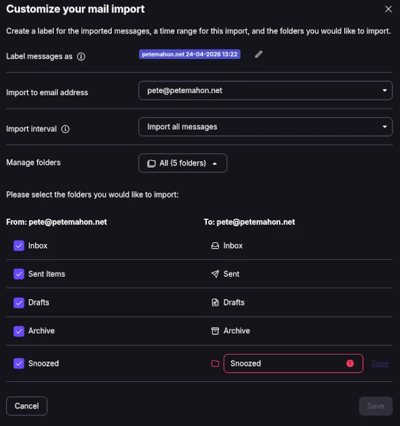 Initial page showing all settings for customising the mail import