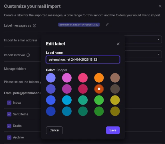 Editing the label text and colour for imported mail
