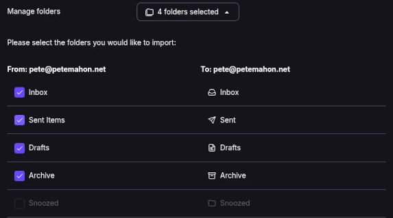 Choosing the mailbox folders from M365 to import and mapping them to Proton folders