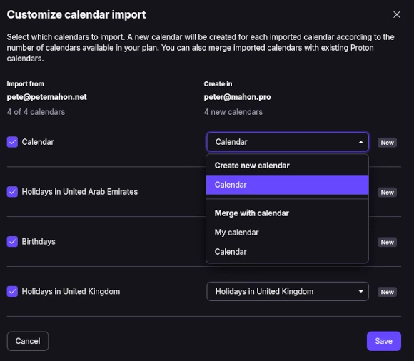 Calendar import customisation with merge options