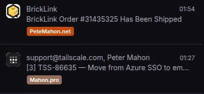 Two emails in the Proton inbox showing PeteMahon.net and Mahon.pro labels in different colours