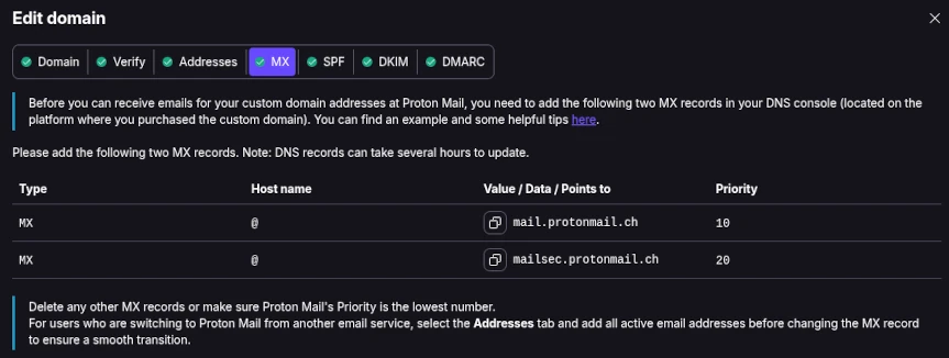 Domain workflow step 4, shows the list of required MX records