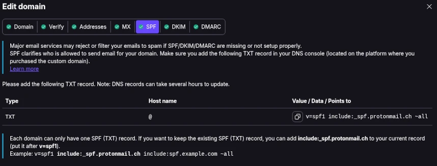 Domain Workflow Step 5, shows Proton’s required SPF settings