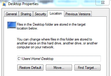 Windows folder properties, showing the location tab and actual storage location of the Desktop folder
